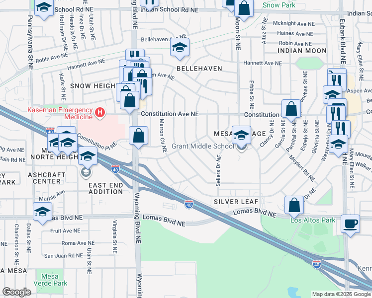 map of restaurants, bars, coffee shops, grocery stores, and more near 1205 Lester Drive Northeast in Albuquerque