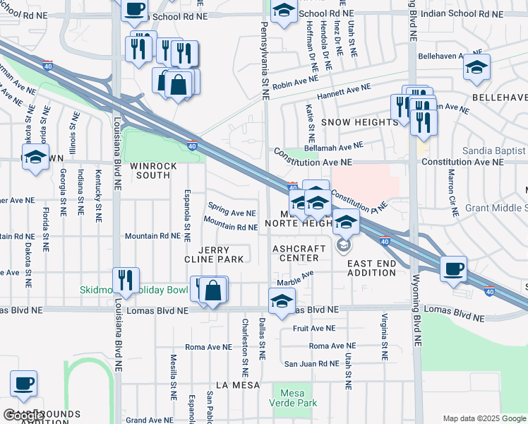 map of restaurants, bars, coffee shops, grocery stores, and more near 25 Dallas Street Northeast in Albuquerque