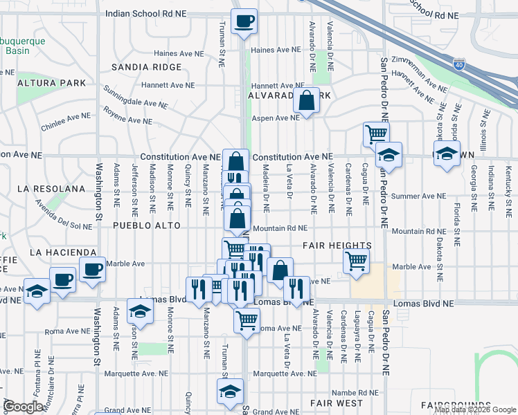map of restaurants, bars, coffee shops, grocery stores, and more near 5312 Summer Avenue Northeast in Albuquerque