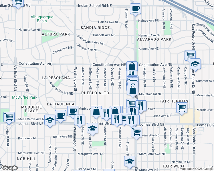 map of restaurants, bars, coffee shops, grocery stores, and more near 833 Quincy Street Northeast in Albuquerque
