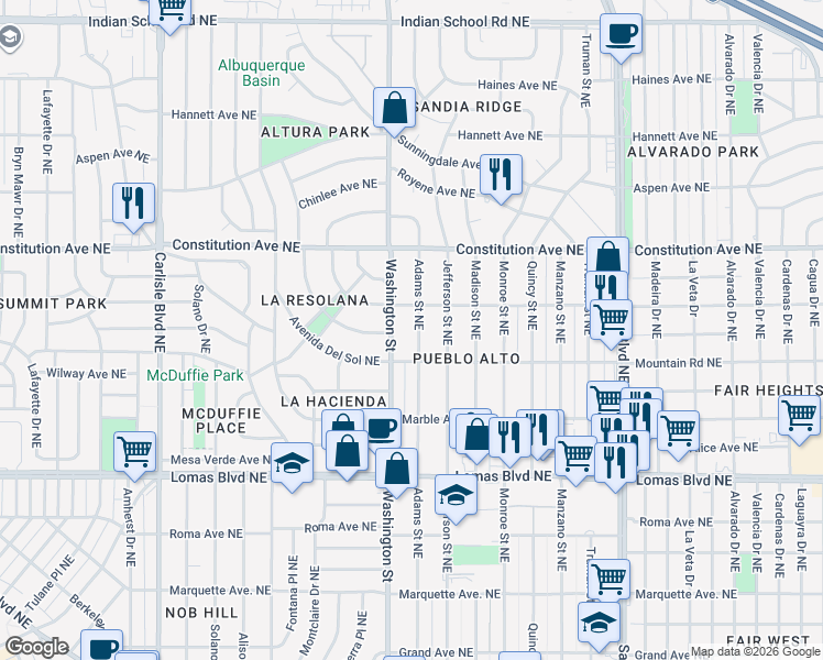 map of restaurants, bars, coffee shops, grocery stores, and more near 829 Adams Street Northeast in Albuquerque