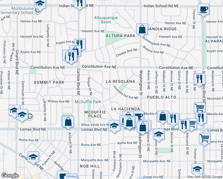 map of restaurants, bars, coffee shops, grocery stores, and more near 922 Avenida Del Sol Northeast in Albuquerque