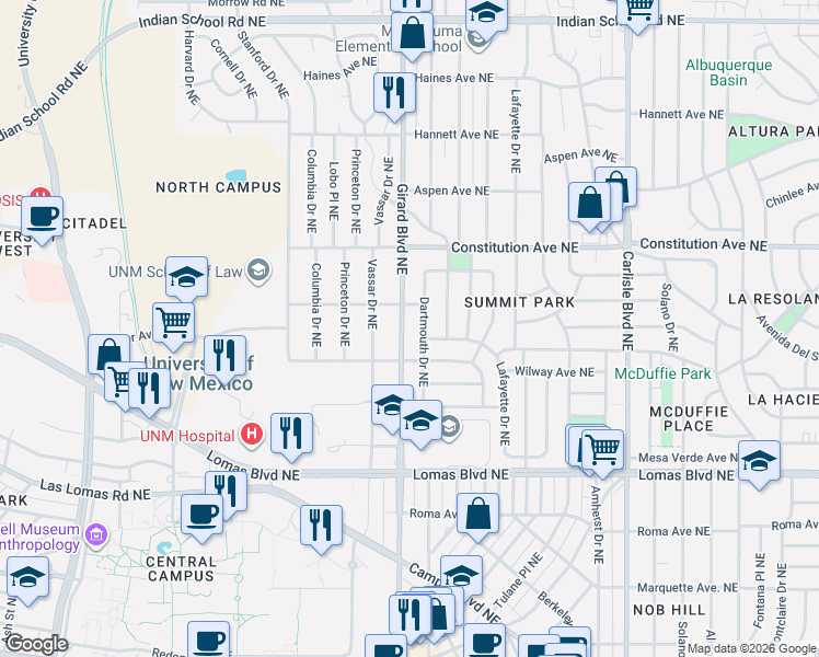 map of restaurants, bars, coffee shops, grocery stores, and more near 1029 Dartmouth Drive Northeast in Albuquerque
