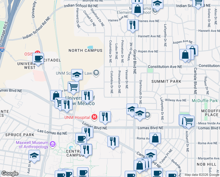 map of restaurants, bars, coffee shops, grocery stores, and more near 1040 Stanford Drive Northeast in Albuquerque