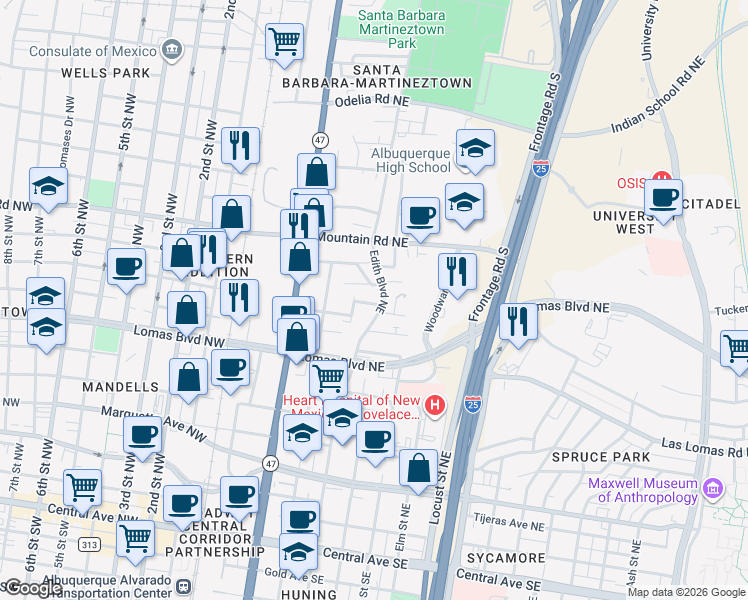 map of restaurants, bars, coffee shops, grocery stores, and more near 1009 Maggies Avenue Northeast in Albuquerque