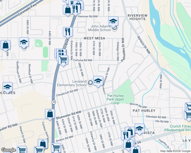 map of restaurants, bars, coffee shops, grocery stores, and more near 613 57th Street Northwest in Albuquerque