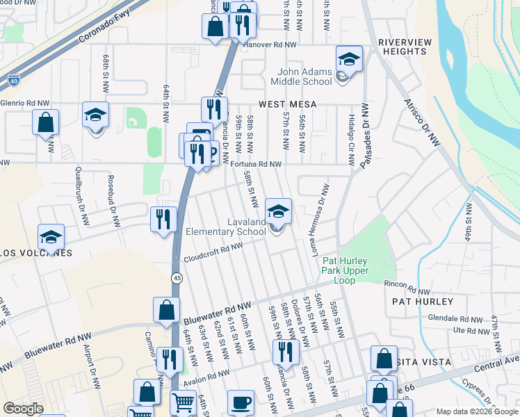 map of restaurants, bars, coffee shops, grocery stores, and more near 548 58th Street Northwest in Albuquerque