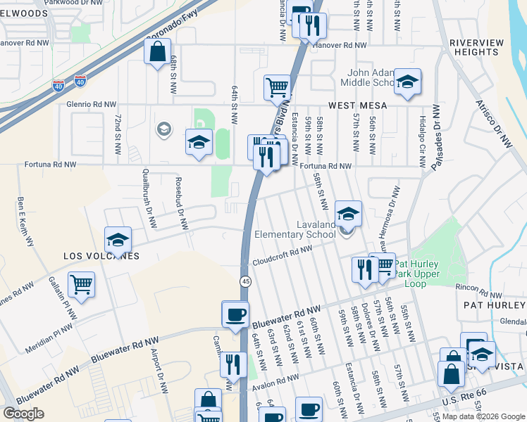 map of restaurants, bars, coffee shops, grocery stores, and more near 564 Coors Boulevard Northwest in Albuquerque