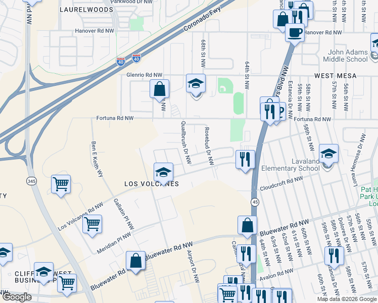 map of restaurants, bars, coffee shops, grocery stores, and more near 615 Honeylocust Court Northwest in Albuquerque