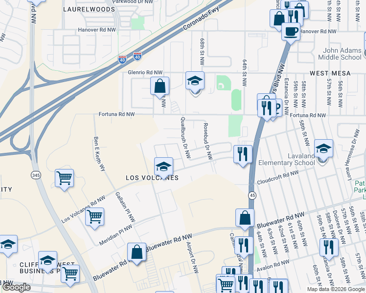 map of restaurants, bars, coffee shops, grocery stores, and more near 615 Honeylocust Court Northwest in Albuquerque