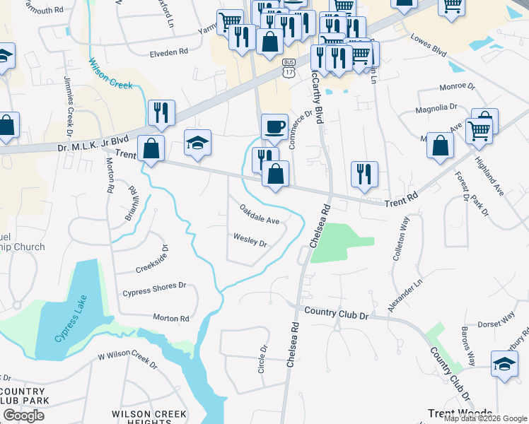 map of restaurants, bars, coffee shops, grocery stores, and more near 708 Oakdale Avenue in New Bern