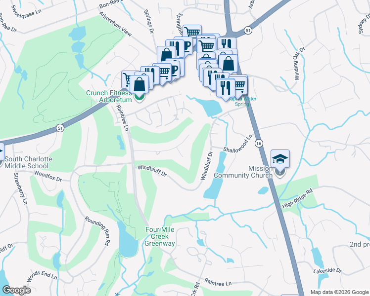 map of restaurants, bars, coffee shops, grocery stores, and more near 3617 Smokerise Hill Drive in Charlotte