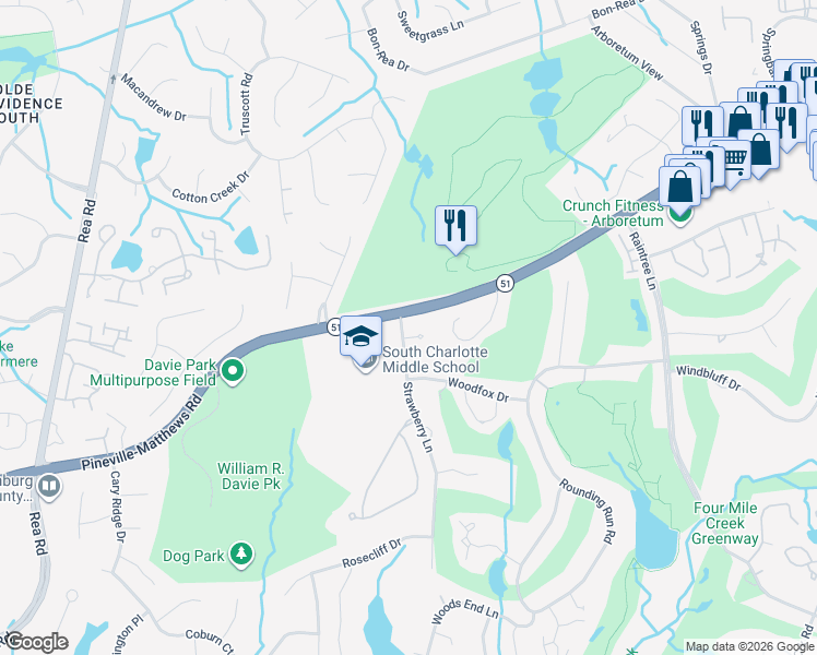 map of restaurants, bars, coffee shops, grocery stores, and more near 4132 Pineville-Matthews Road in Charlotte