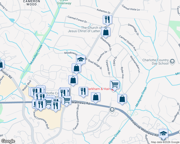 map of restaurants, bars, coffee shops, grocery stores, and more near 7336 Connan Lane in Charlotte