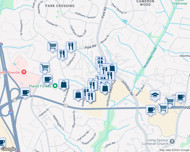 map of restaurants, bars, coffee shops, grocery stores, and more near in Pineville