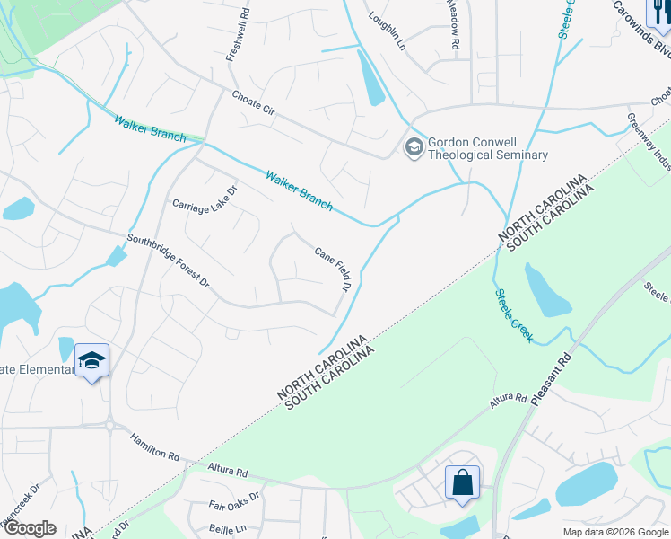 map of restaurants, bars, coffee shops, grocery stores, and more near 14831 Cane Field Drive in Charlotte