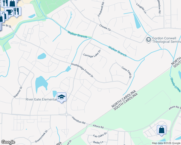 map of restaurants, bars, coffee shops, grocery stores, and more near 14918 Forest Mist Way in Charlotte