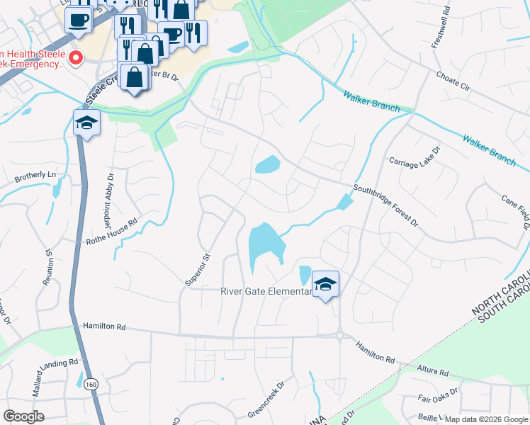 map of restaurants, bars, coffee shops, grocery stores, and more near 16028 Harbor Hill Drive in Charlotte