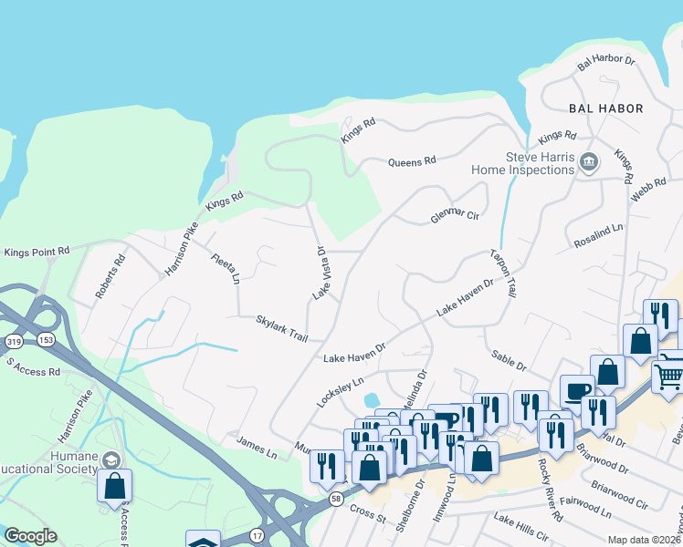 map of restaurants, bars, coffee shops, grocery stores, and more near 3706 Lake Vista Drive in Chattanooga