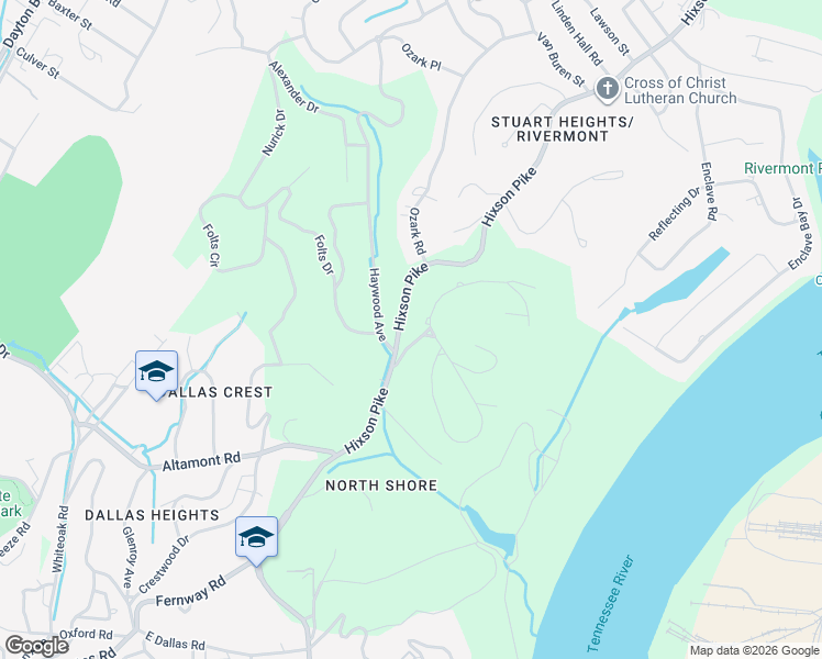 map of restaurants, bars, coffee shops, grocery stores, and more near 1005 River Hills Drive in Chattanooga