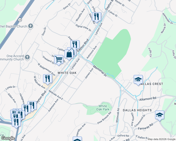 map of restaurants, bars, coffee shops, grocery stores, and more near 2228 Ashmore Avenue in Chattanooga