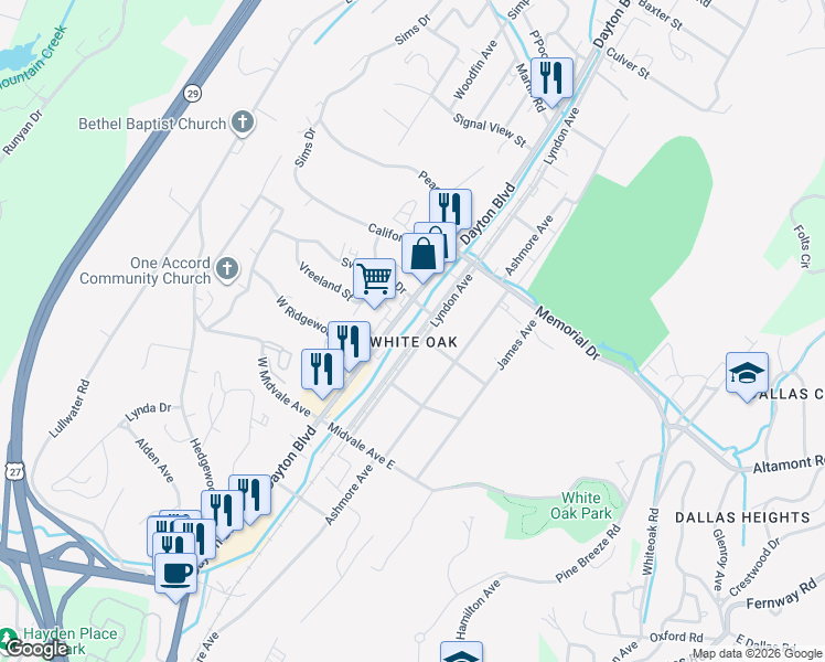 map of restaurants, bars, coffee shops, grocery stores, and more near 2118 Dayton Boulevard in Chattanooga