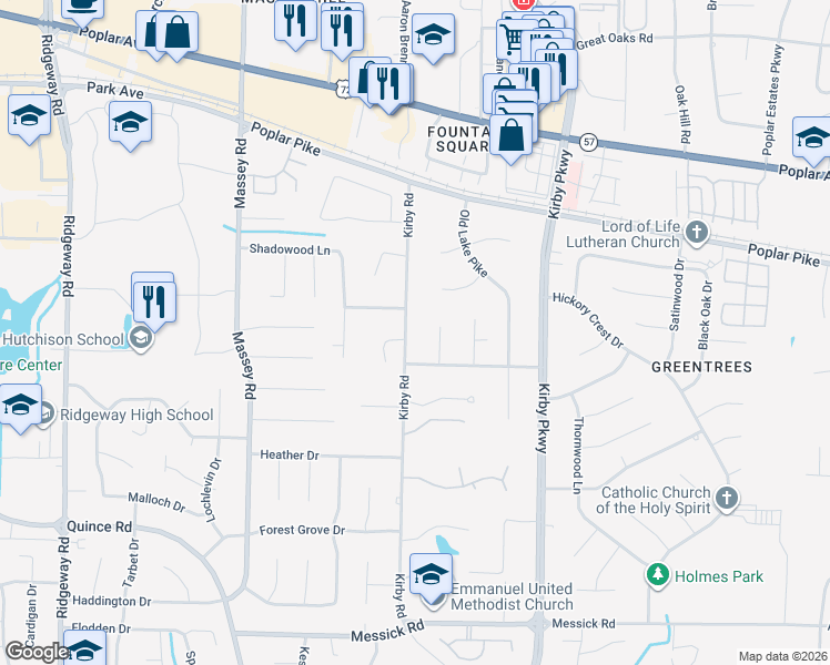 map of restaurants, bars, coffee shops, grocery stores, and more near 2072 Kirby Road in Memphis