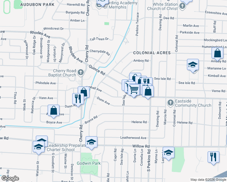 map of restaurants, bars, coffee shops, grocery stores, and more near 4510 Garnett Road in Memphis