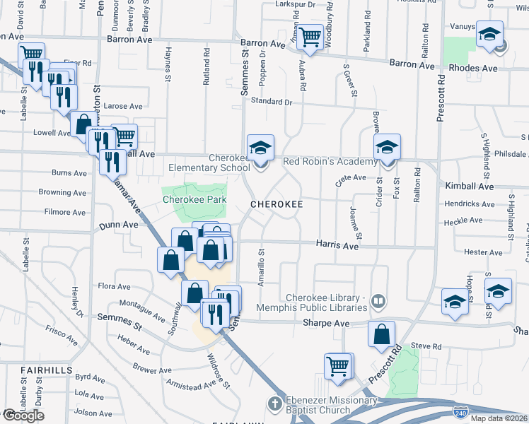 map of restaurants, bars, coffee shops, grocery stores, and more near 3092 Beaumont Avenue in Memphis
