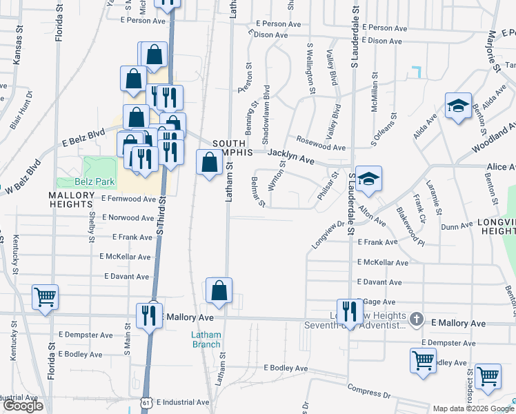 map of restaurants, bars, coffee shops, grocery stores, and more near 2020 Belmar Street in Memphis