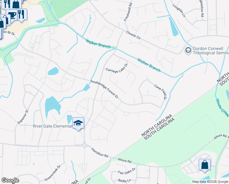 map of restaurants, bars, coffee shops, grocery stores, and more near 14918 Forest Mist Way in Charlotte