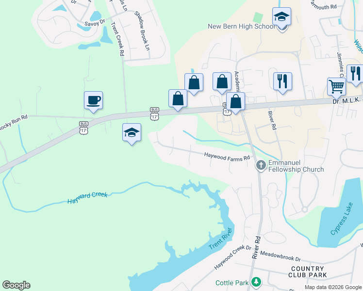 map of restaurants, bars, coffee shops, grocery stores, and more near 4602 Haywood Farms Road in New Bern