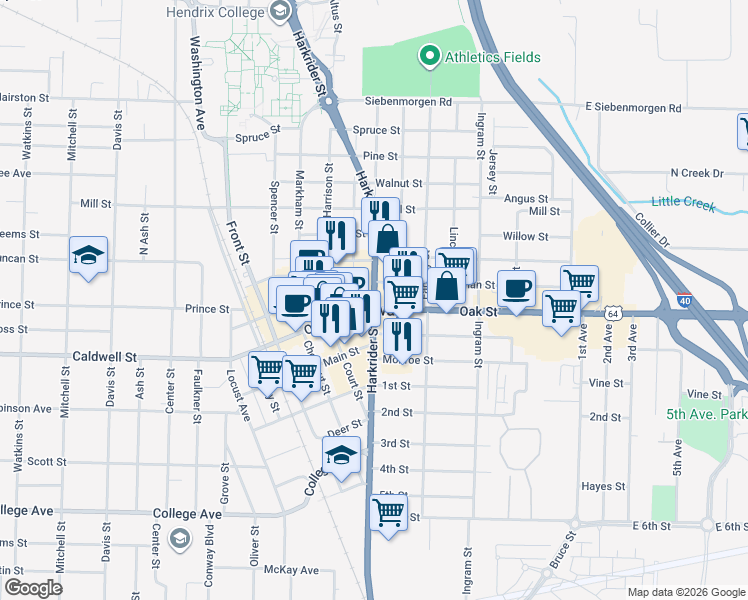 map of restaurants, bars, coffee shops, grocery stores, and more near Harkrider Street in Conway