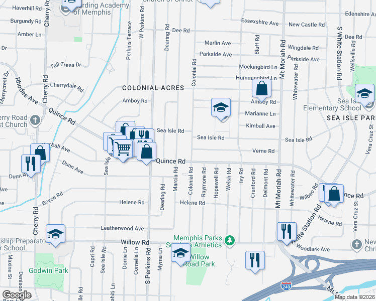 map of restaurants, bars, coffee shops, grocery stores, and more near 1433 Colonial Road in Memphis