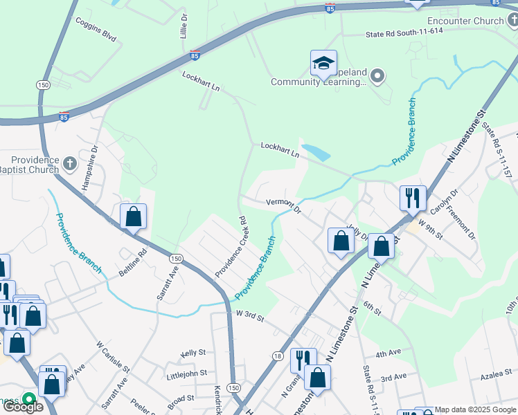 map of restaurants, bars, coffee shops, grocery stores, and more near 320 Vermont Drive in Gaffney