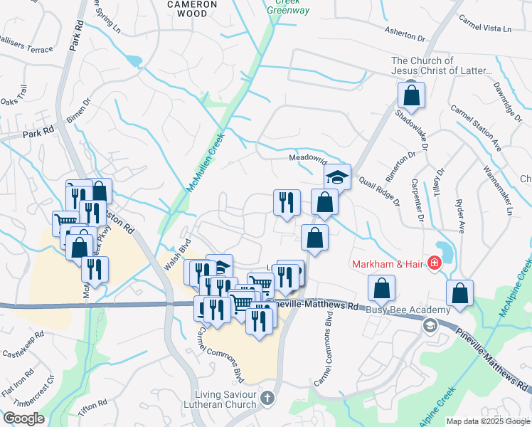 map of restaurants, bars, coffee shops, grocery stores, and more near Waterford Square Drive in Charlotte