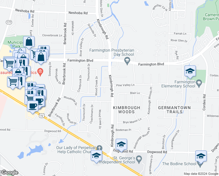 map of restaurants, bars, coffee shops, grocery stores, and more near 8161 Pine Valley Lane in Germantown