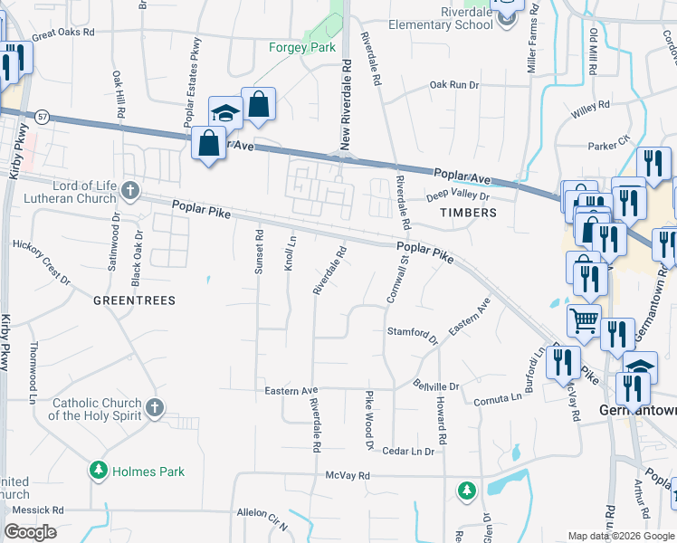 map of restaurants, bars, coffee shops, grocery stores, and more near 2065 Riverdale Road in Memphis