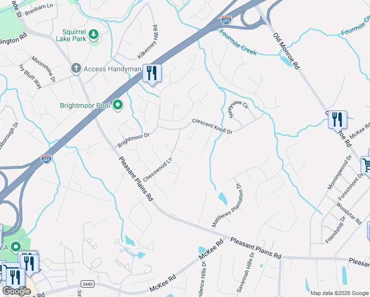 map of restaurants, bars, coffee shops, grocery stores, and more near 1243 Merribrook Drive in Matthews