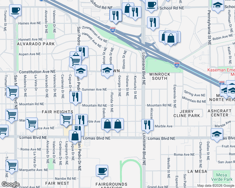 map of restaurants, bars, coffee shops, grocery stores, and more near 1509 Georgia Street Northeast in Albuquerque