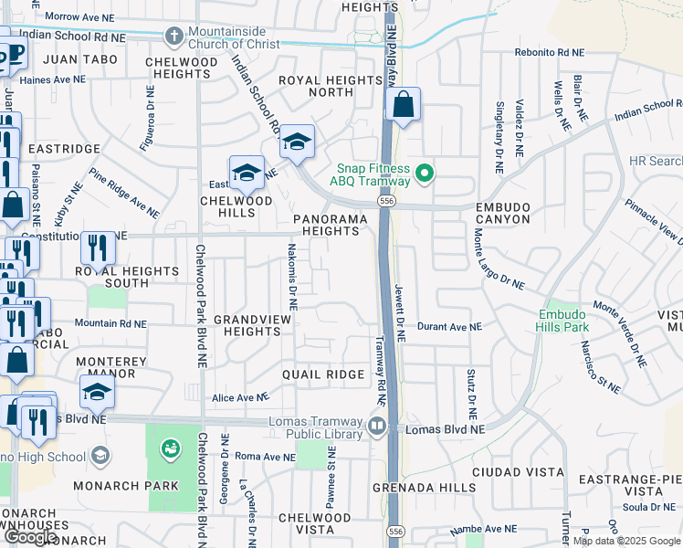 map of restaurants, bars, coffee shops, grocery stores, and more near 1501 Tramway Boulevard Northeast in Albuquerque