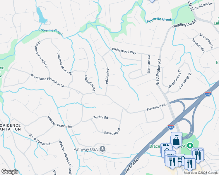 map of restaurants, bars, coffee shops, grocery stores, and more near 2515 Old Barn Road in Charlotte