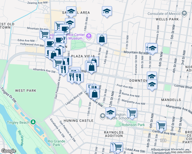 map of restaurants, bars, coffee shops, grocery stores, and more near 1504 Lomas Boulevard Northwest in Albuquerque