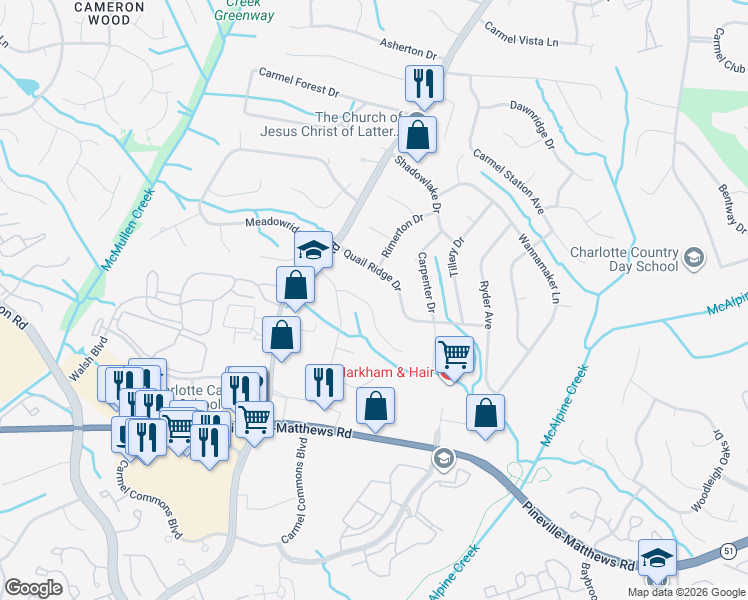 map of restaurants, bars, coffee shops, grocery stores, and more near 7336 Connan Lane in Charlotte