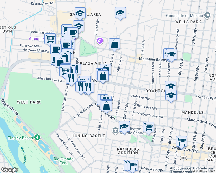 map of restaurants, bars, coffee shops, grocery stores, and more near 410 15th Street Northwest in Albuquerque