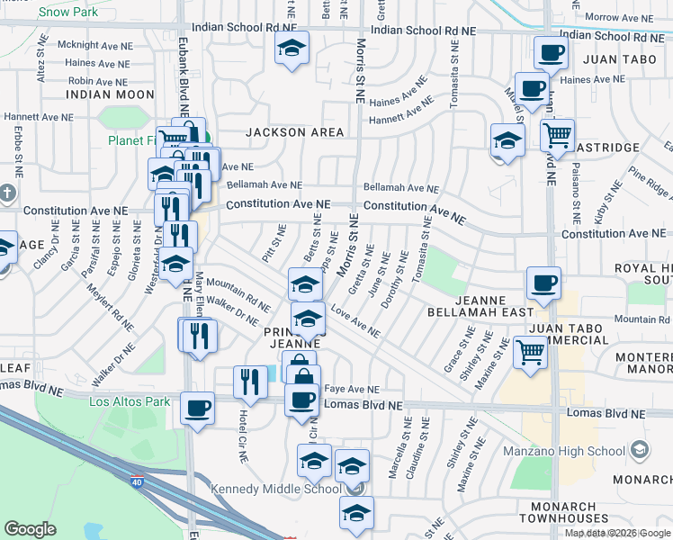 map of restaurants, bars, coffee shops, grocery stores, and more near 1135 Morris Street Northeast in Albuquerque
