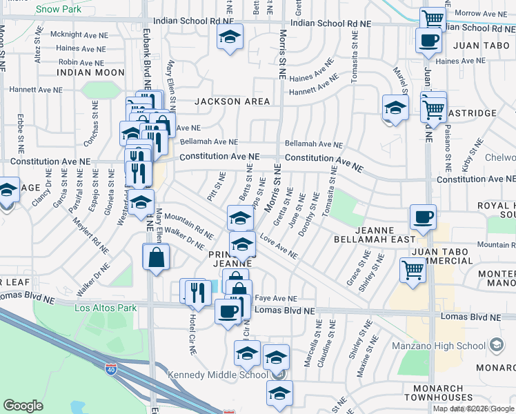 map of restaurants, bars, coffee shops, grocery stores, and more near 1135 Morris Street Northeast in Albuquerque