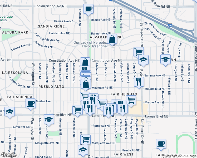 map of restaurants, bars, coffee shops, grocery stores, and more near 5412 Summer Avenue Northeast in Albuquerque