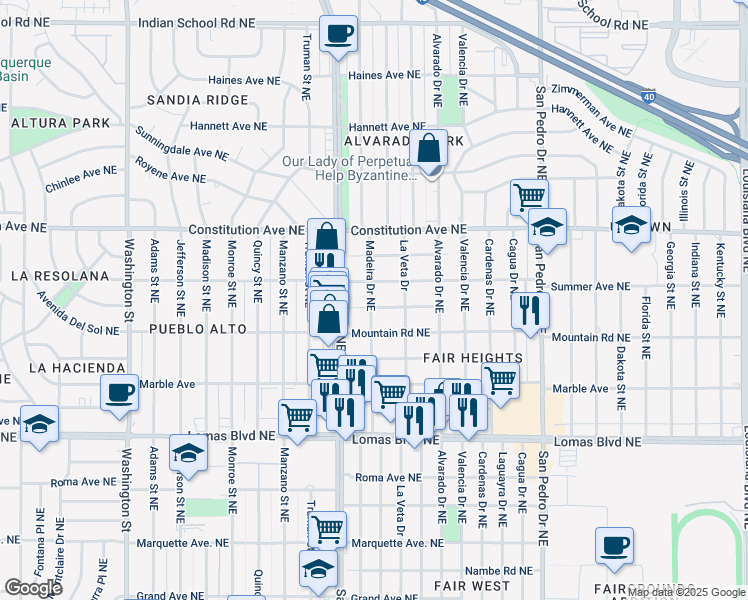 map of restaurants, bars, coffee shops, grocery stores, and more near 5412 Summer Avenue Northeast in Albuquerque