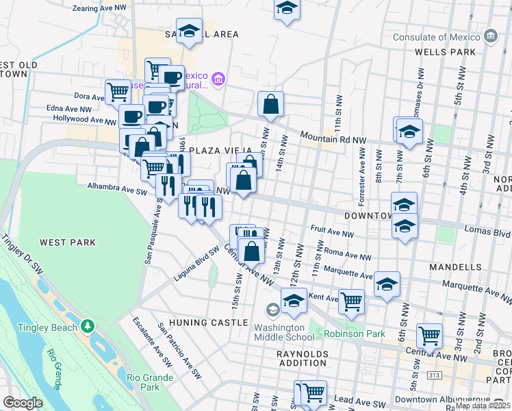 map of restaurants, bars, coffee shops, grocery stores, and more near 1504 Lomas Boulevard Northwest in Albuquerque